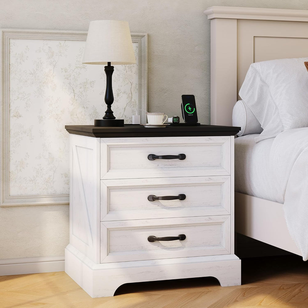 Garvee Modern Farmhouse Nightstand with Charging Station & 3 Large Drawer...