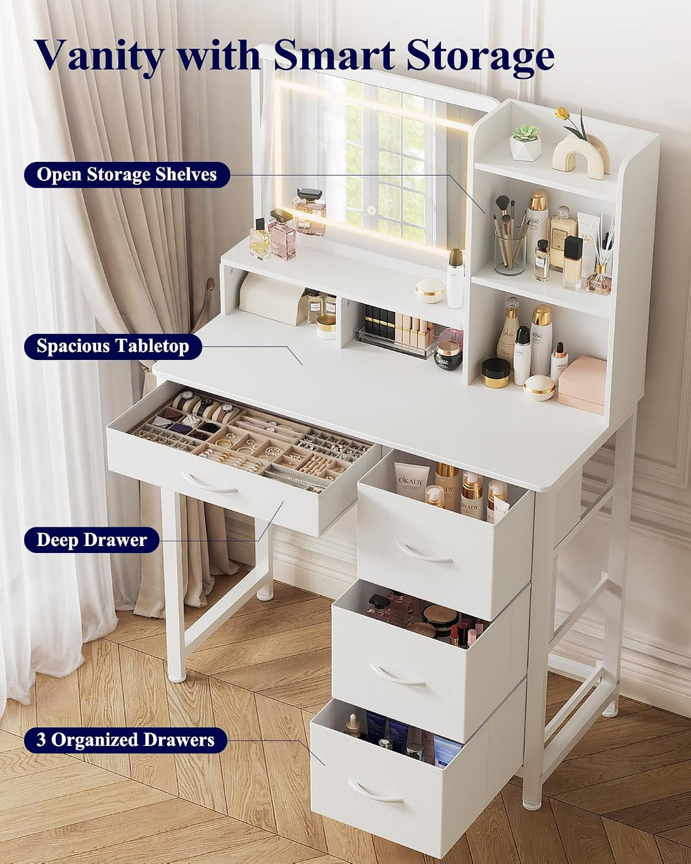 Kitsure Vanity Desk with Mirror and Lights, Large Capacity, Fabric Drawers | ...