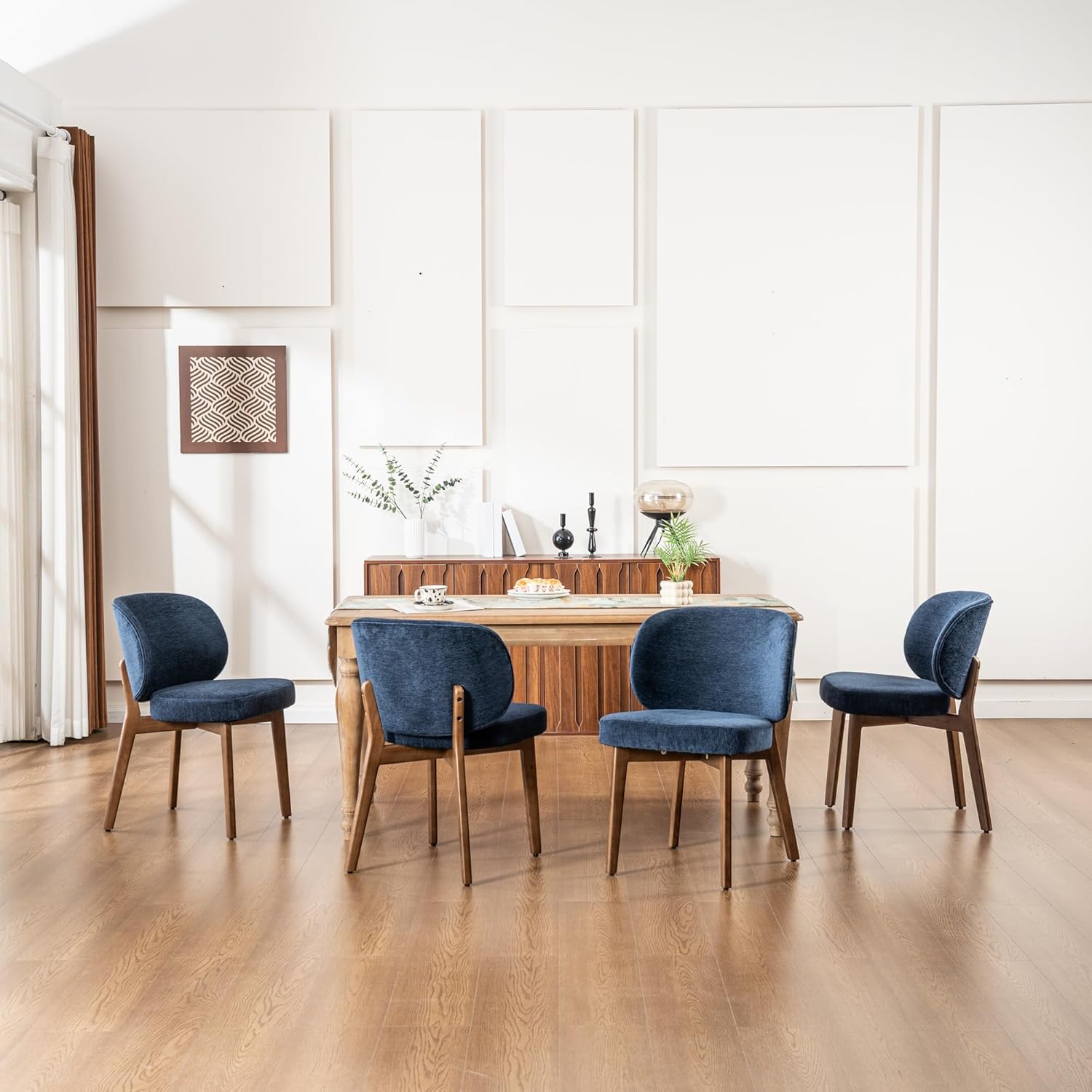 YOUNIKE Dining Chair with Back Single Mid Century Modern Kitchen Chair Boucle Fabric Upholstered Armless Chair 20" Wide Padded Seat with Wooden Legs for Kitchen Dining Living Room Bedroom Navy Blue