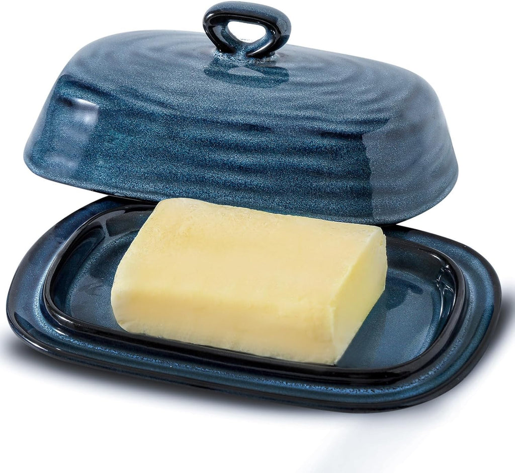 Hasense Butter Dish with Lid, Porcelain Butter Container with Handle for Countertop, Large Butter Keeper & Holder with Cover for West East Coast Butter, Farmhouse Kitchen Decor for Gift, Blue