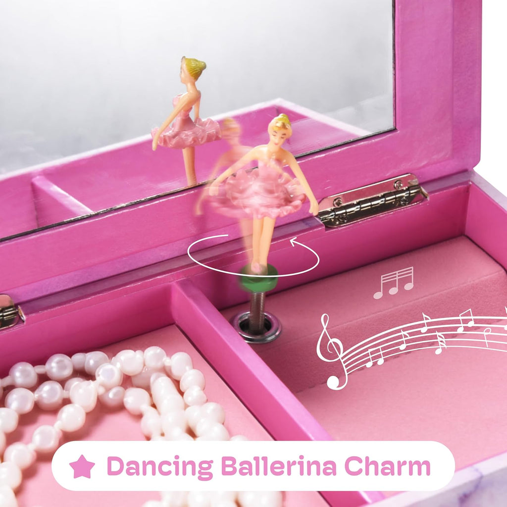 Jewelkeeper Pink and Purple Ballerina 3 Drawers Jewelry Box for Girls - Little Girl's Wooden Jewelry Box with Necklace Carousel - for Kids or Teen Necklaces and Accessories