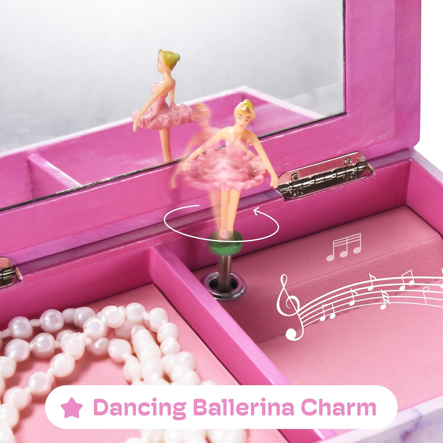 Jewelkeeper Pink and Purple Ballerina 3 Drawers Jewelry Box for Girls - Little Girl's Wooden Jewelry Box with Necklace Carousel - for Kids or Teen Necklaces and Accessories