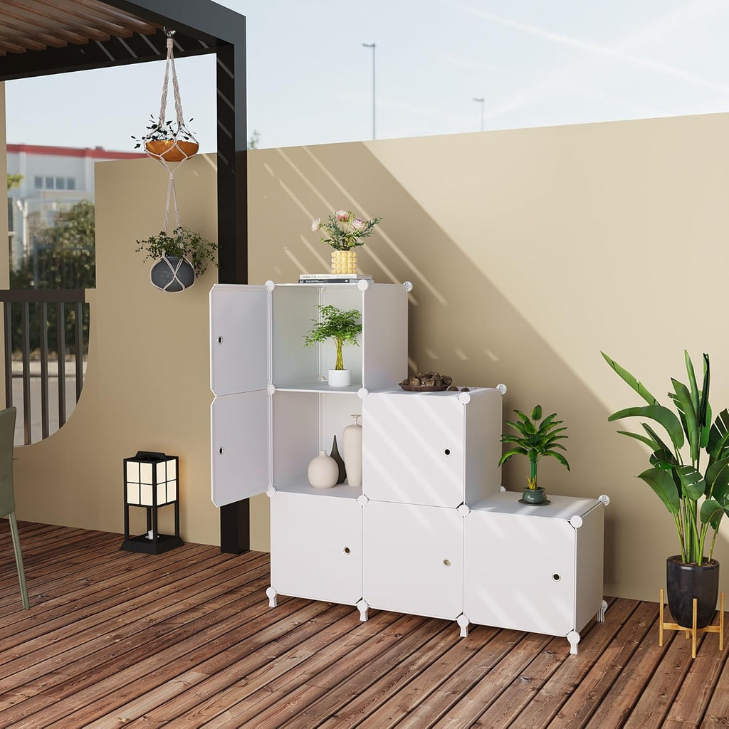 Cube Storage Organizer, 6-Cube Shelves Unit with Doors, DIY Stackable Plastic Clothes Organizer for Bedroom and Under Stairs Storage Unit, Each Compartment 30 x 30 x 30 cm White ATTSL6002