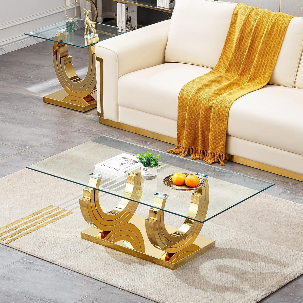 3 Piece Living Room Table Set, Rectangle Tempered Glass Coffee Table, End Tab...