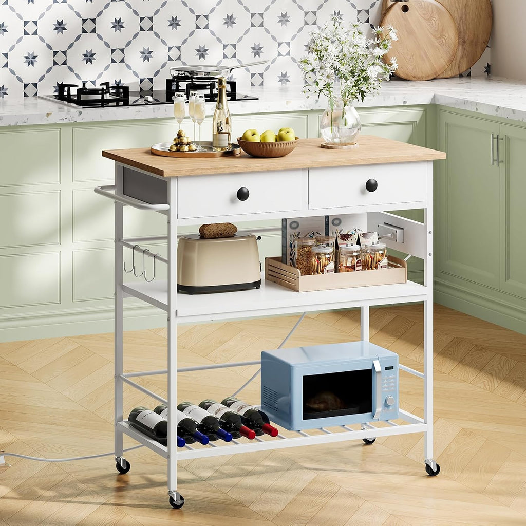 HOOBRO Kitchen Island with Storage, Rolling Island Cart for Kitchen with 2 Drawers & Outlet, 3 Tier Coffee Station and Microwave Stand, Kitchen Island Table for Home, Natural and White WN08UZD01