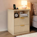 Fluted Nightstand with Charging Station, Bedside Table with 2 Drawers and Open Storage Space, Metal Handles and Rounded Corners for Safety, Mid Century Modern End Table, for Bedroom, Living Room Sofa
