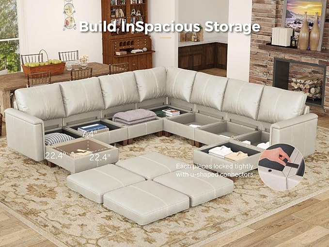 SITJOY 118" Faux Leather Modular Sectional Sofa with Storage, Mid Century Modern Sectional Couches for Living Room, Soft Padded Armrests, 9 Seat V-Shaped Sectional Couch, Greige