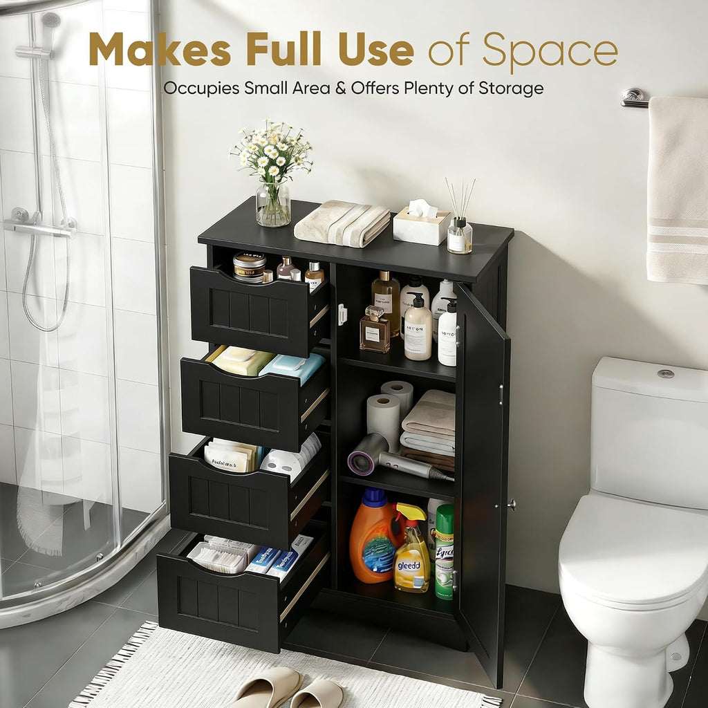 SUPER DEAL Bathroom Storage Cabinet with 4 Drawers and 1 Cupboard, Entryway Home Decor Furniture Towels Storage Organizer Unit, Black