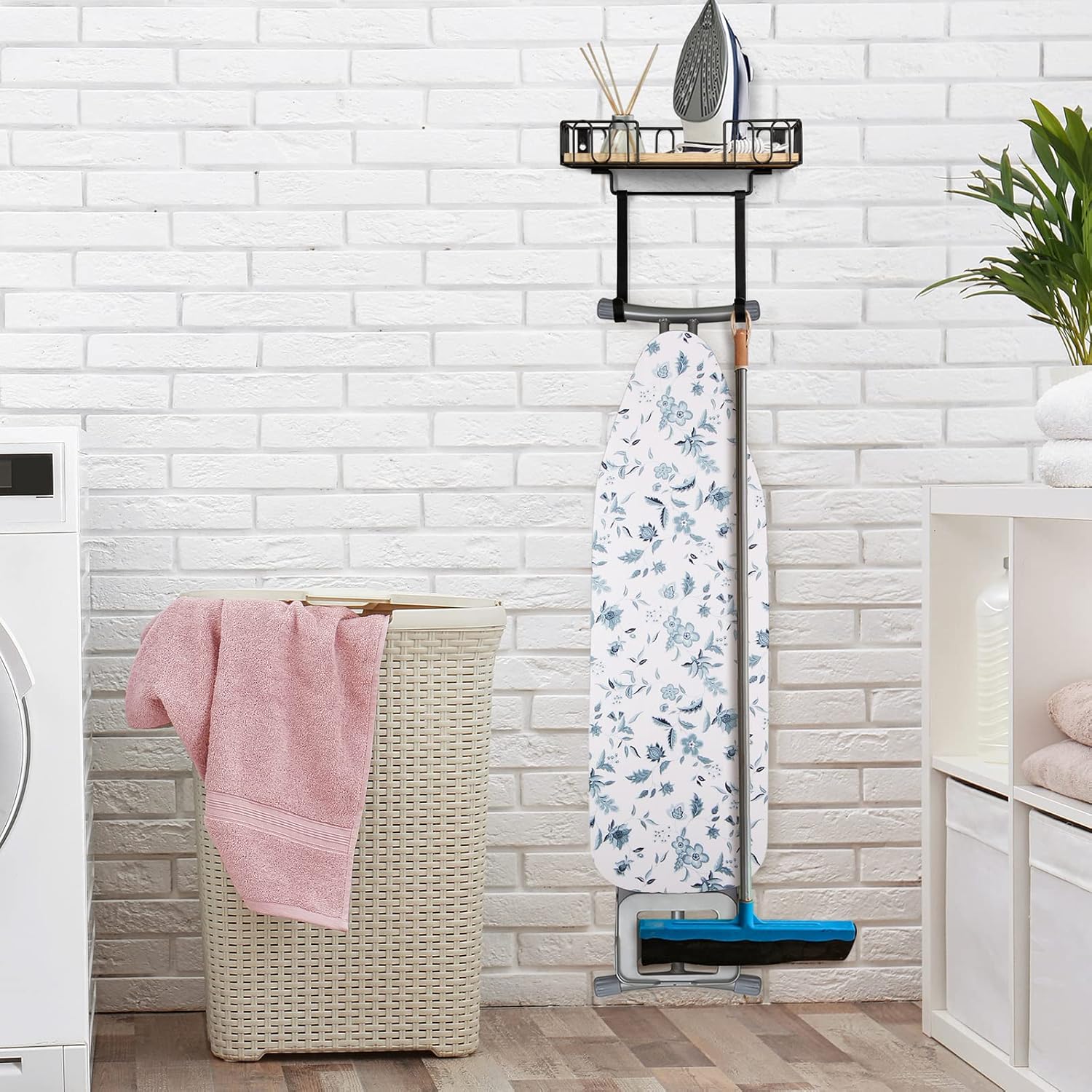 TJ.MOREE Ironing Board Hanger Metal Wall Mount Iron and Ironing Board Holder, Laundry Room Decor and Storage with Large Storage Black Wooden Base Basket and Removable Hooks