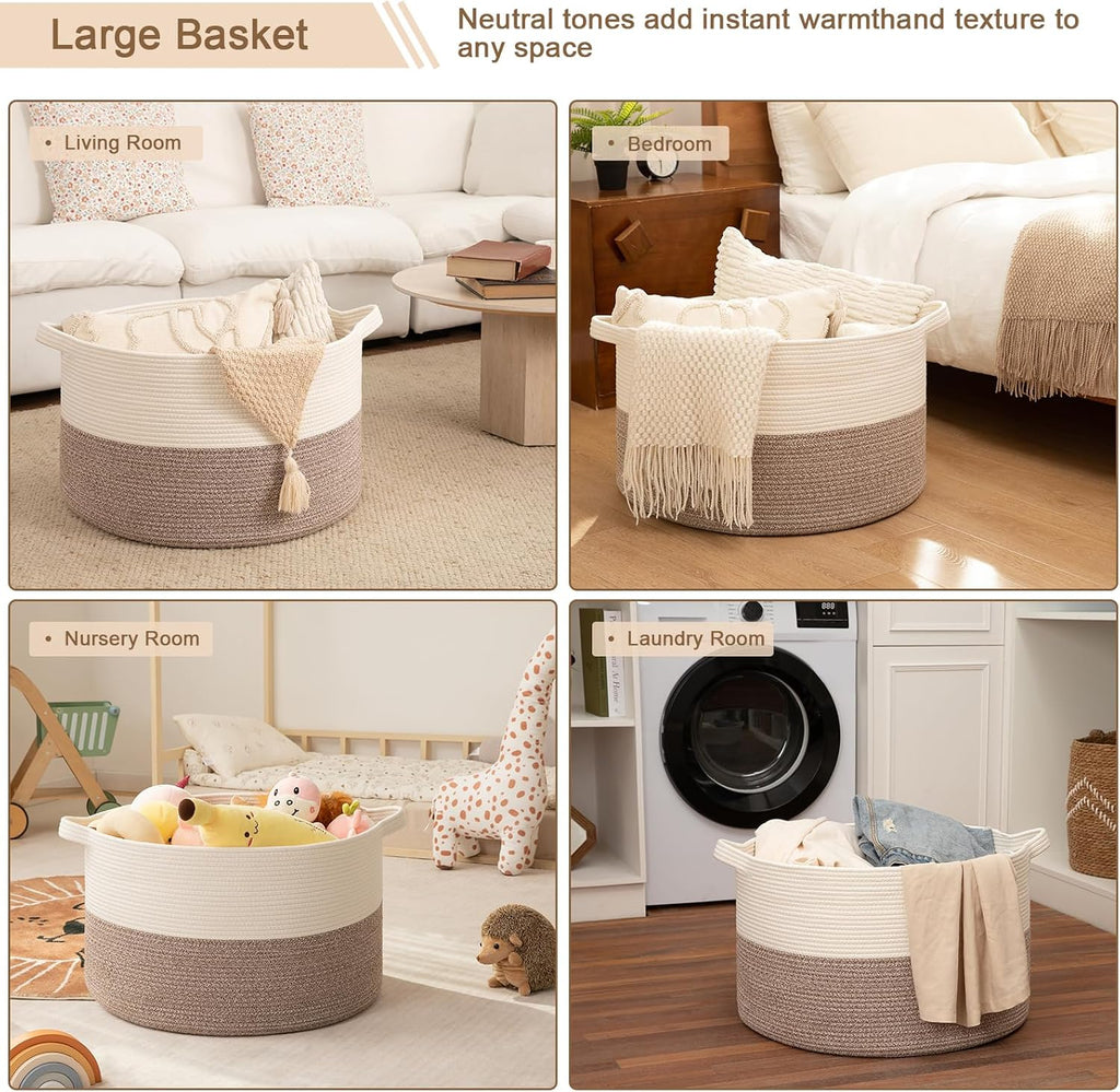 OIAHOMY 90L XXXLarge Blanket Basket for Living Room, 21.7" x 13.8" Woven Cotton Rope Laundry Basket for Organizing Pillows, Decorative Stuffed Animal Toy Storage for Nursery, White and Linen Brown