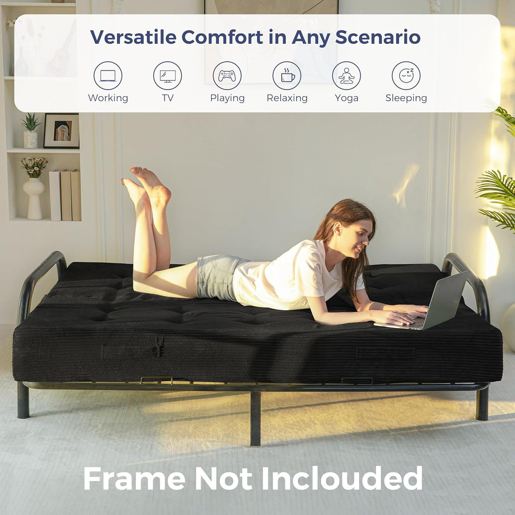 MAXYOYO 8" Thick Folding Mattress with Handles, Tufted Floor Sofa Bed (Frame Not Included), Foldable Couch Bed Versatile Floor Mattress for Sleeping, Living Room & Guest Room, Black