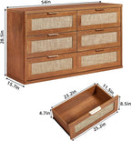 LEYAOYAO Rattan 6 Drawer Dresser for Bedroom, 54" Wide Boho Chest of Drawers, Wooden Dressers TV Stand with Metal Handle, Storage Closet Organizer for Living Room, Hallway, Tea Brown