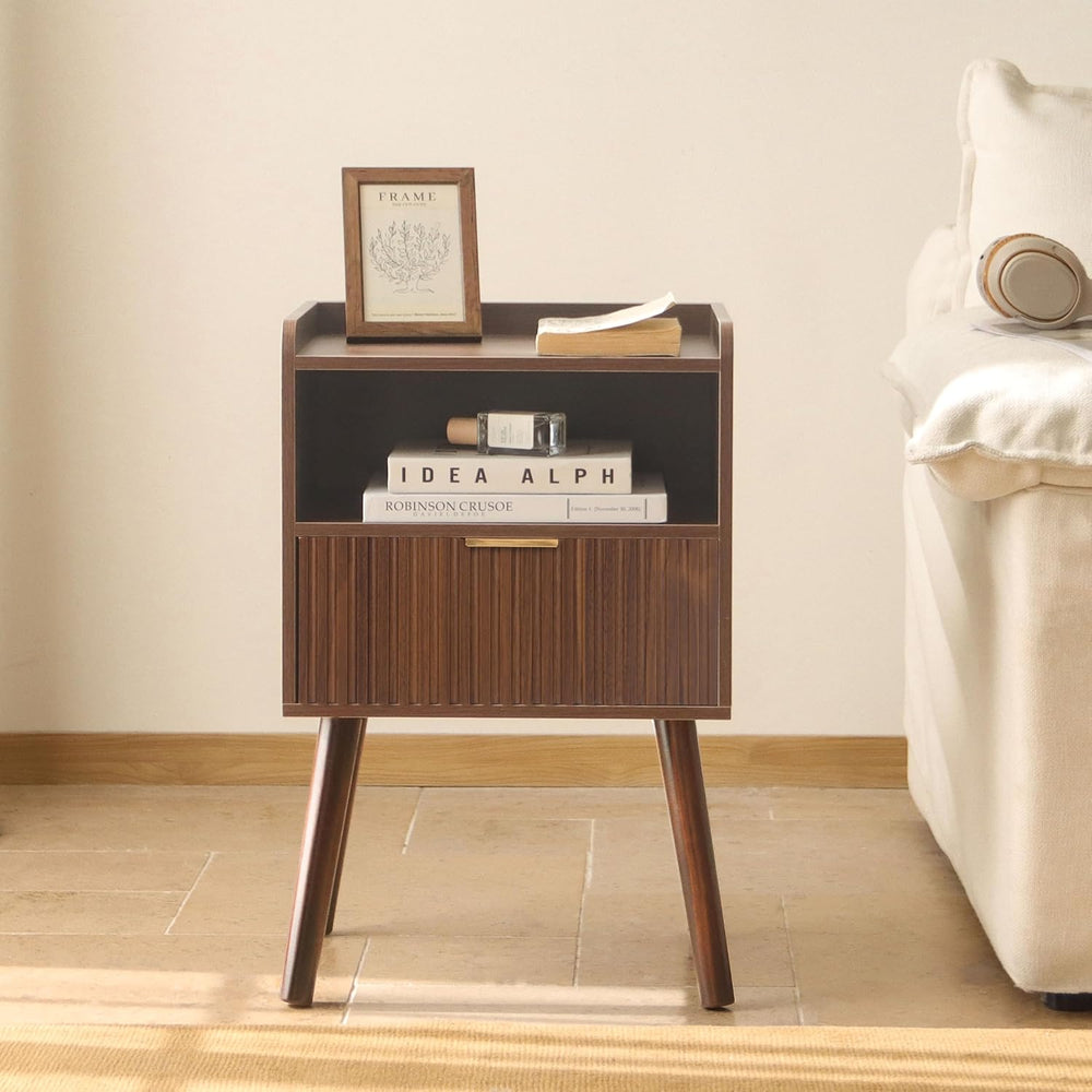 Night Stand, Mid Century Modern Nightstand with Fluted Drawers and Open Shelf...