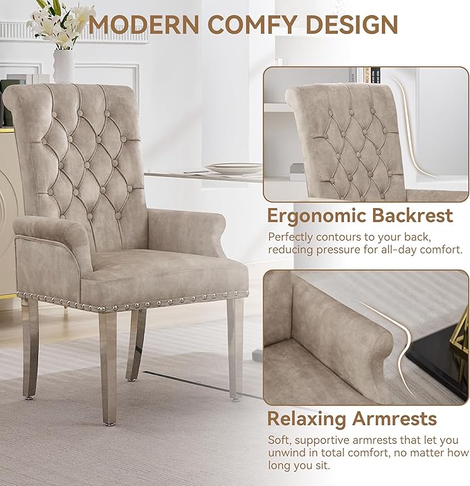Velvet Dining Chair with Arms, Upholstered Tufted High Back Dining Room Chairs, Accent Armchair with Chrome Leg and Nailhead Trim, Kitchen Dining Living Room, Beige (Ivory)