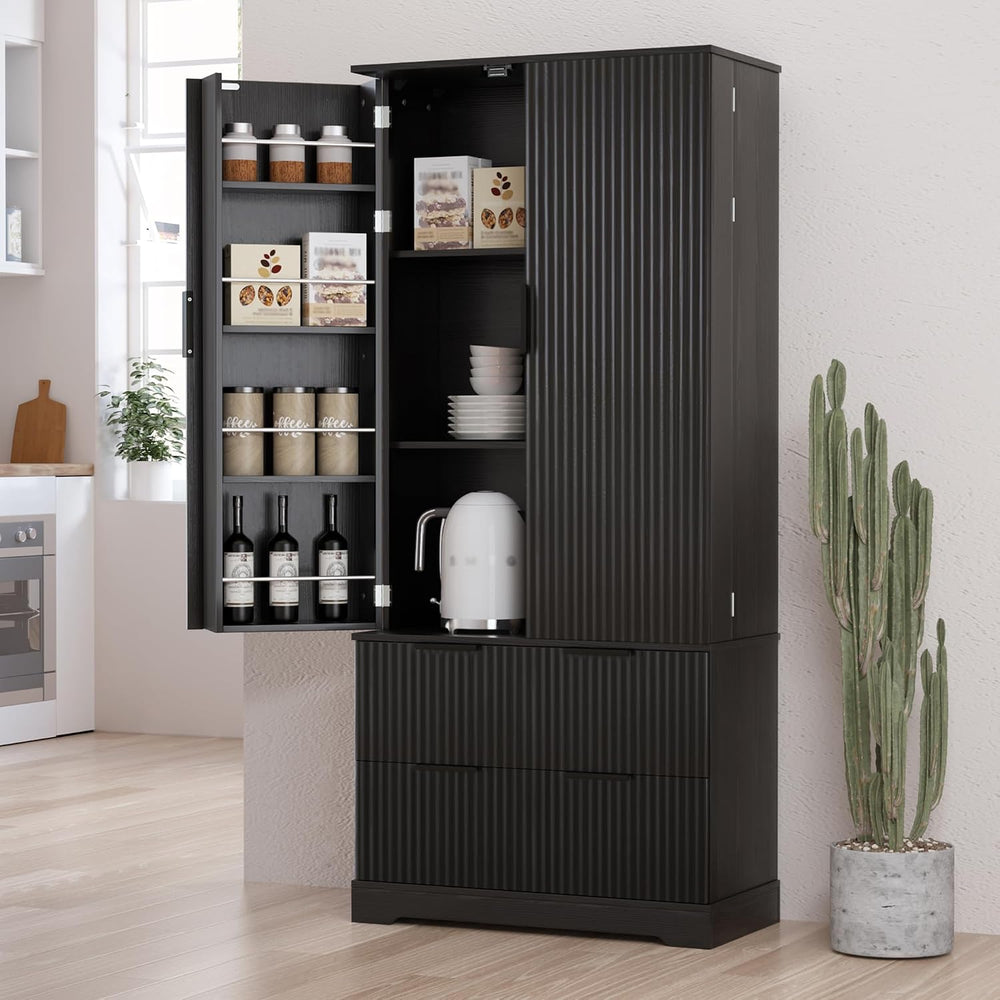72" H Modern Kitchen Pantry Cabinet with 2 Large Drawers & 8-Door Sp...