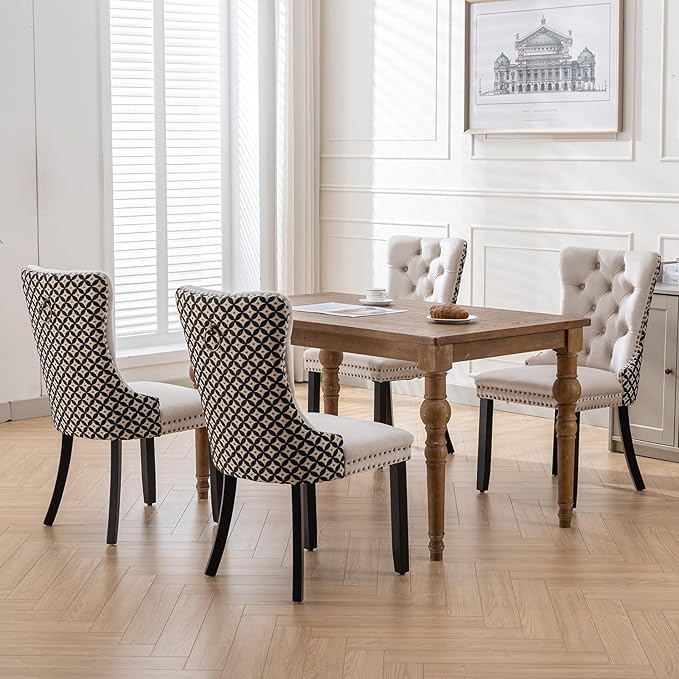 Modern Dining Chairs Set of 4, Tufted Upholstered Dining Chair with Solid Woo...
