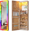 HNEBC LED Mirror Jewelry Cabinet with RGB Lights,47.2" Wall Mounted Jewelry Organizer with Full-Length Mirror,Over The Door Hanging Jewelry Armoire Storage Cabinet,Folding Dresser,2 Drawers,Lockable