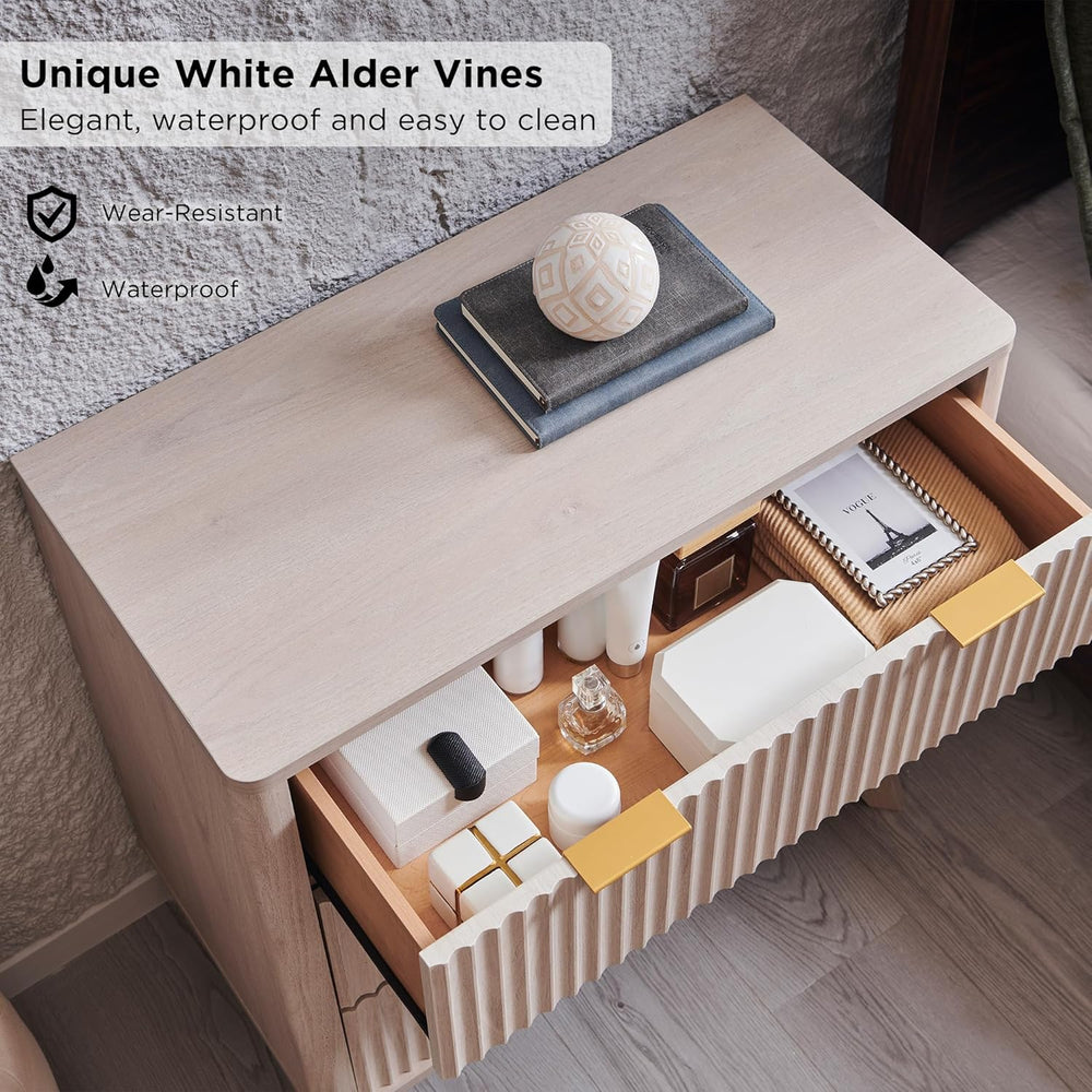 T4TREAM 32" Large Fluted Nightstand with 3 Drawers, White Alder | Oversi...
