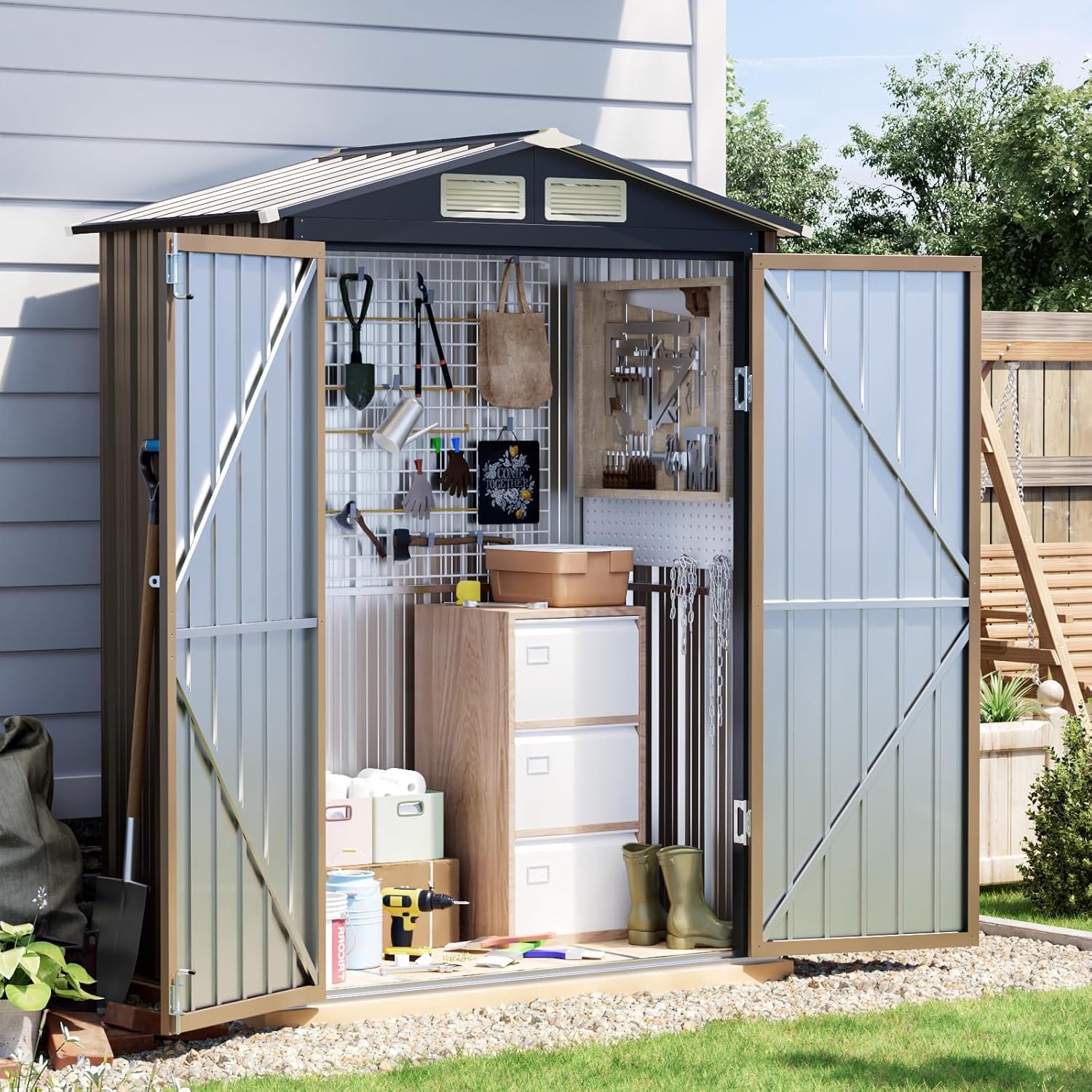 5x3 FT Outdoor Metal Storage Shed, Double Door, 1 Clear Window, Tool Shed for Garden, Patio, Backyard Brown