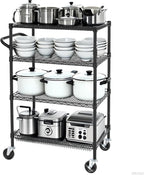 Finnhomy 4 Tier Heavy Duty Commercial Grade Rolling Cart with Handle Bar, Metal Wire Utility Cart with Wheels, Shelf Size 18" D x 30" W, NSF Listed, Black