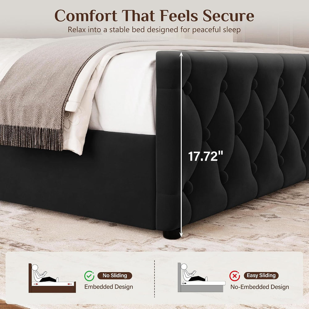 King Size Bed Frame with 53.15" High Crown Headboard, Black