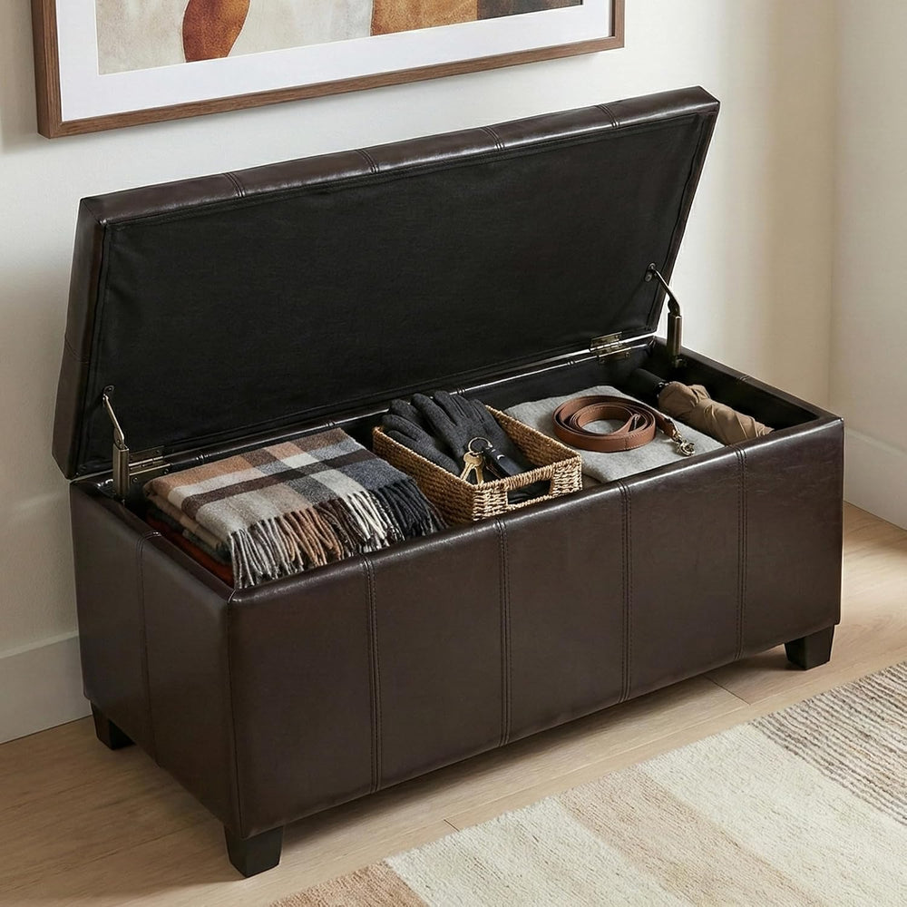SIMPLIHOME Dover 36" Wide Vegan Leather Storage Ottoman in Tanners Brown...