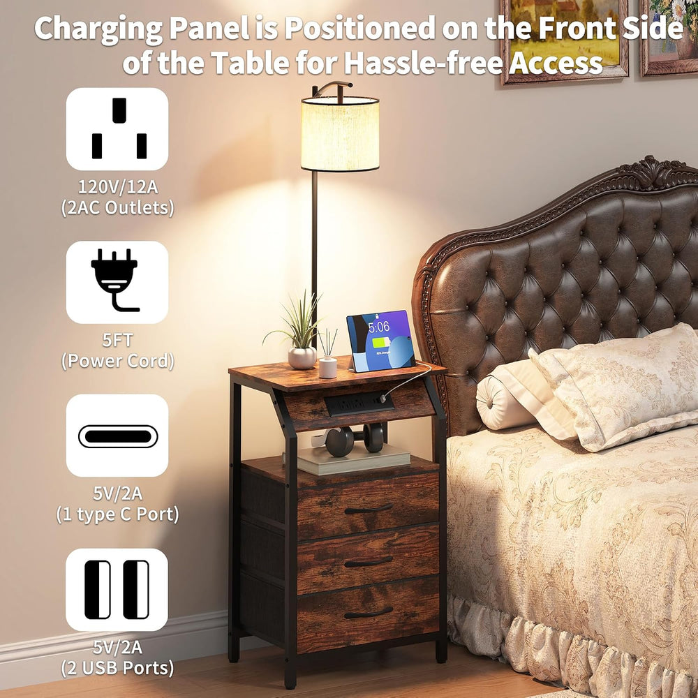End Table with Floor Lamp Set of 2, Nightstand with Charging Station, Floor L...