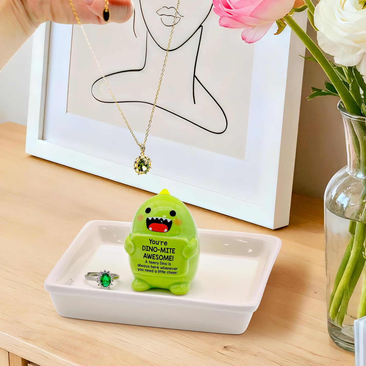 PUDDING CABIN Funny Birthday Gifts for Women Dinosaur Ring Holder Dish for Rings Earrings Necklace Bracelets Jewelry Organizer Cute Room Decor, Mothers Day Gift for Mom Friendship Christams