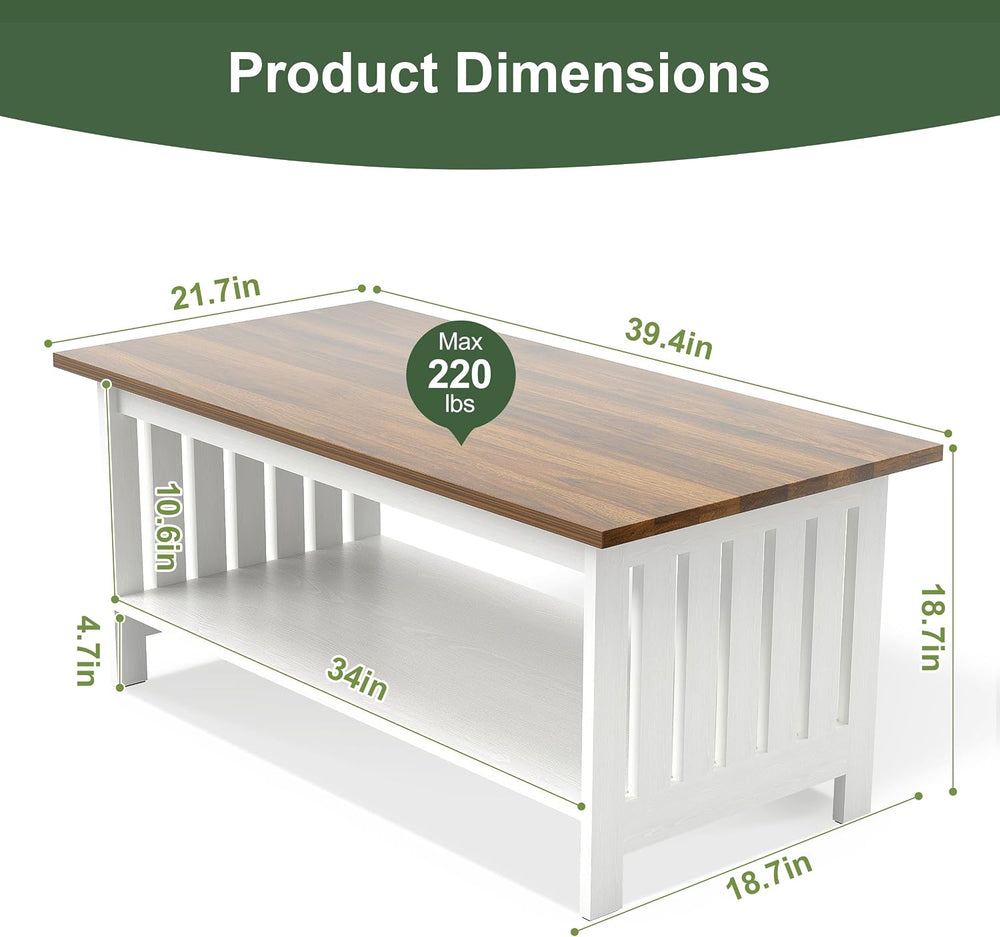 YOSHOOT 39.4" Farmhouse Coffee Table, Small Coffee Tables for Living Room