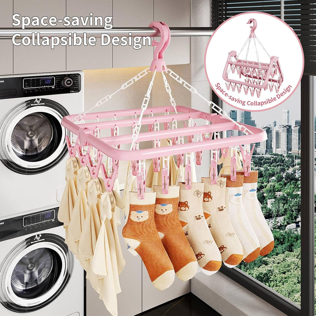 Laundry Drying Rack with 32 Hanger Clips, Foldable Clip Hangers for Drying Socks, Underwear & Towels, Portable Clothes Rack, 360° Rotatable Hook Plastic Baby Hangers (Light Green)
