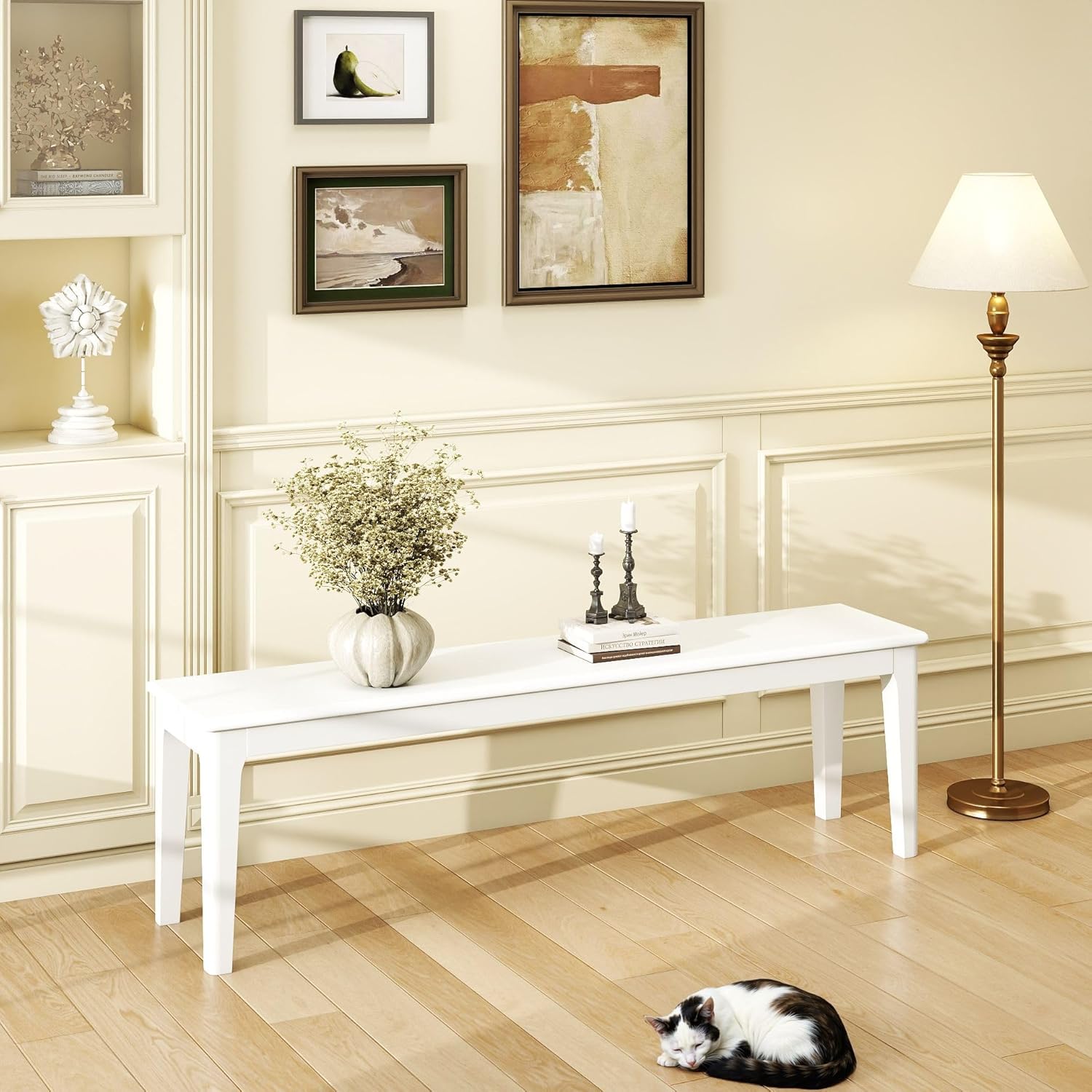 Dining Bench 63" Wood Solid Oak Wooden Bed End/Entryway Bench for Bedroom Living Room Kitchen(White)