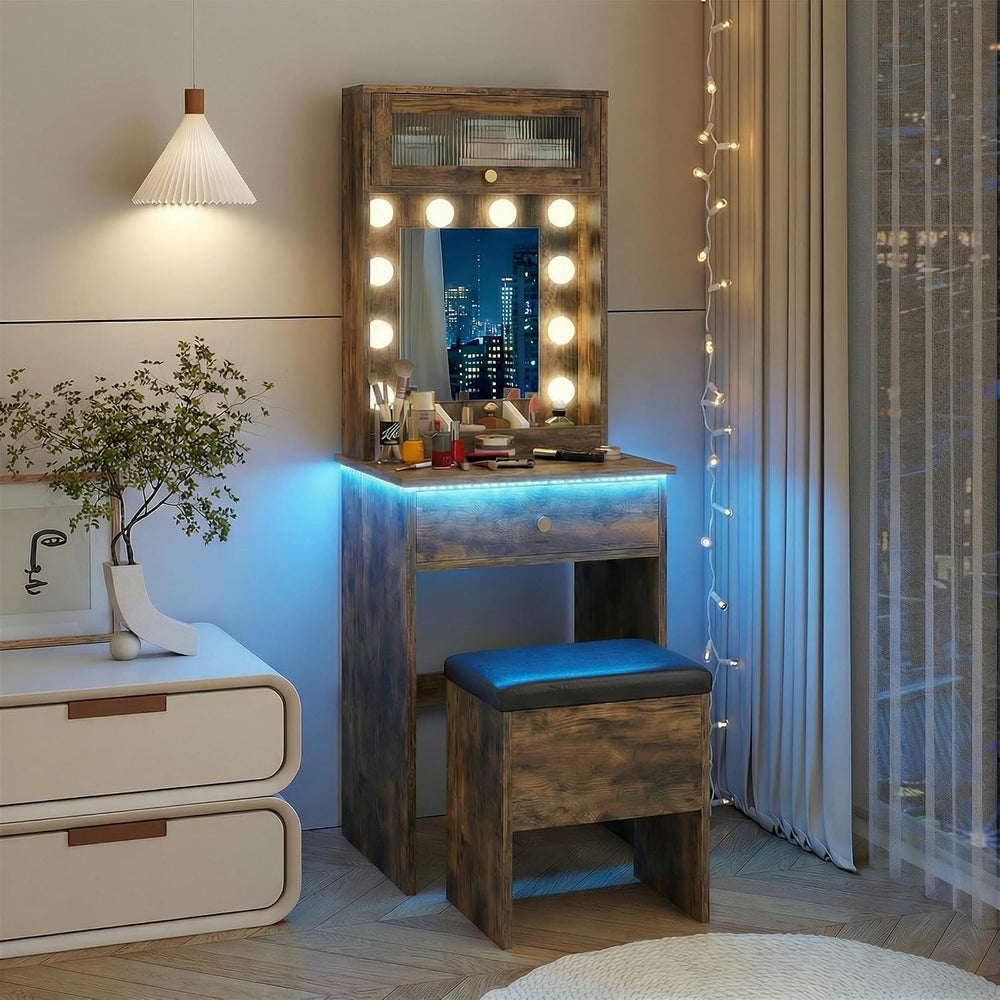 ARTETHYS Small Vanity with Mirror & RGB Light Rustic Makeup Set for Bedro...