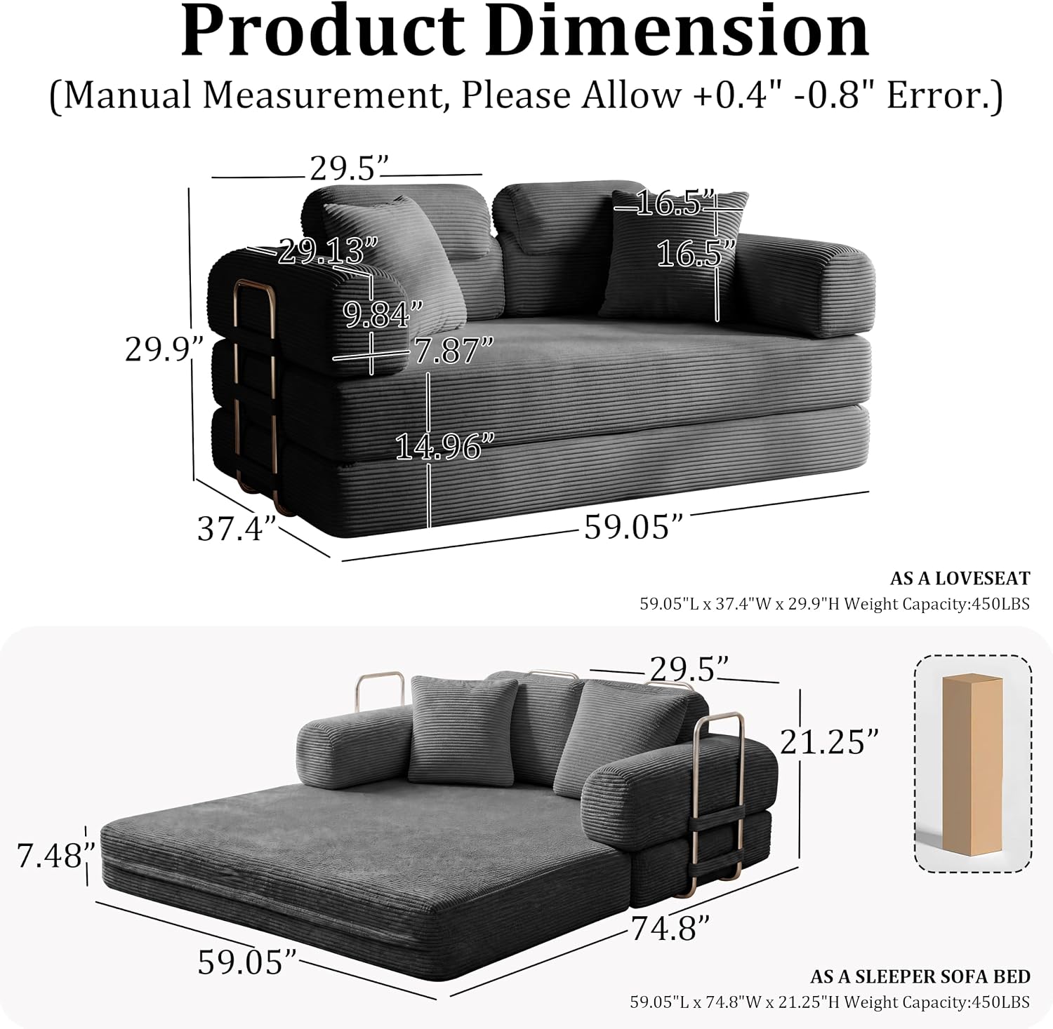 Convertible Sofa Bed with High Backrest Headrest Boneless Loveseat Sleeper Folding Couch Bed with 4 Pillows Futon Couch for Bedroom,Apartment Living Room, No Assembly (Pink, 59.0” Hight Backrest Sofa)