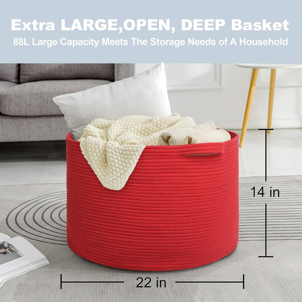 MEGASKET Extra Large Red Basket for Organizing, 22" X 22" X 14" Woven Cotton Rope Bins for Blankets, Baby Nursery Wicker Laundry Basket, Kids Dog Toy Storage Box, Big Red Living Room Decor Organizer