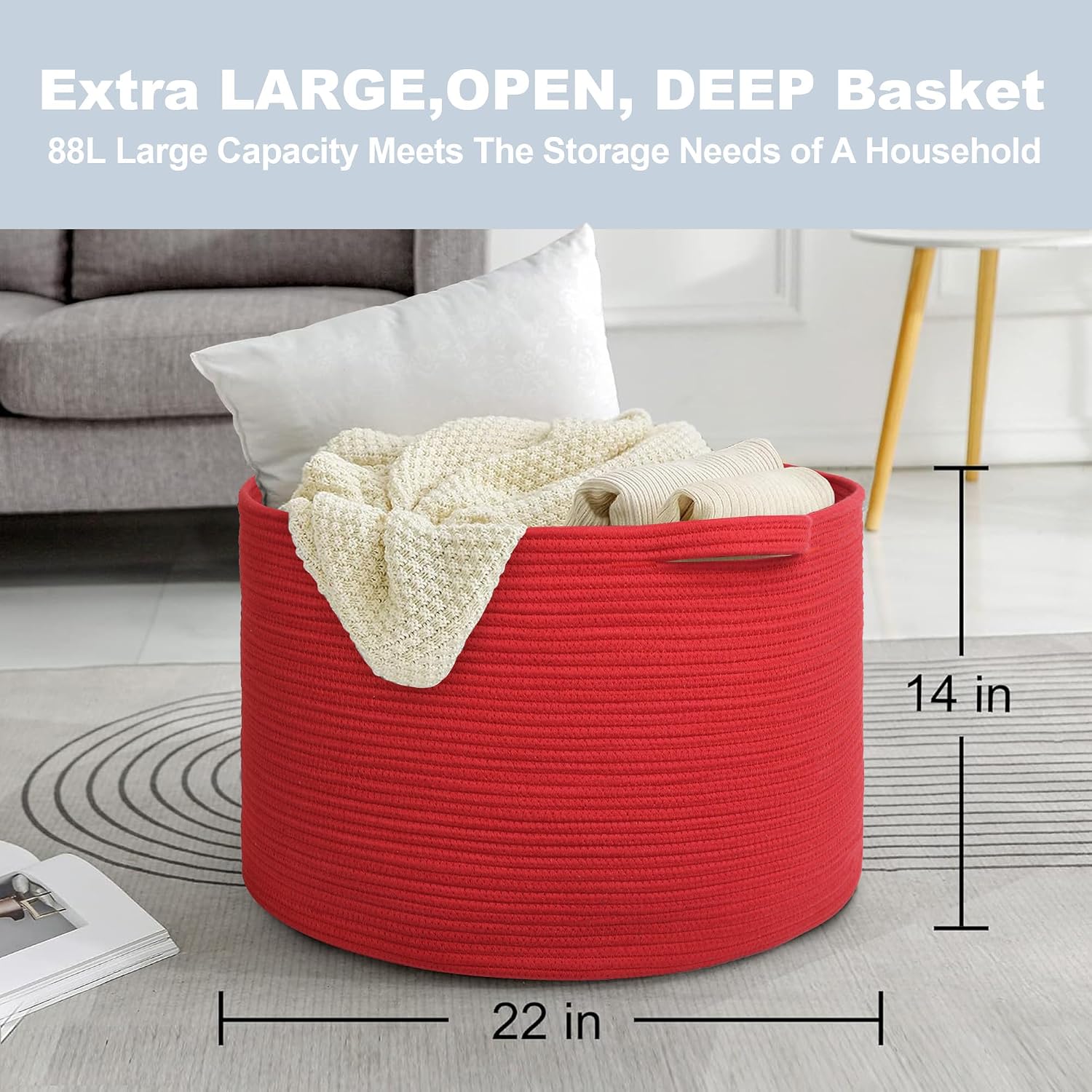 MEGASKET Extra Large Red Basket for Organizing, 22" X 22" X 14" Woven Cotton Rope Bins for Blankets, Baby Nursery Wicker Laundry Basket, Kids Dog Toy Storage Box, Big Red Living Room Decor Organizer