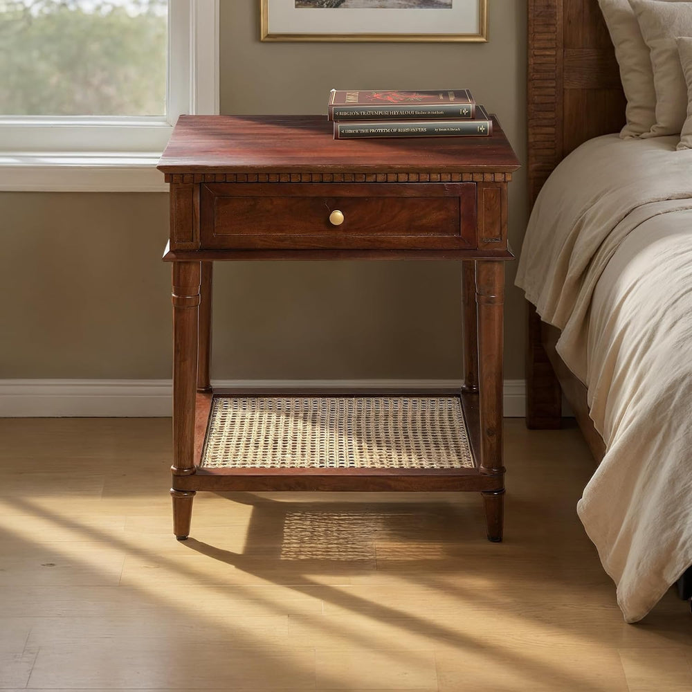 Creative Co-Op Maxwelton Solid Wood End Table with Drawer and Woven Cane Stor...