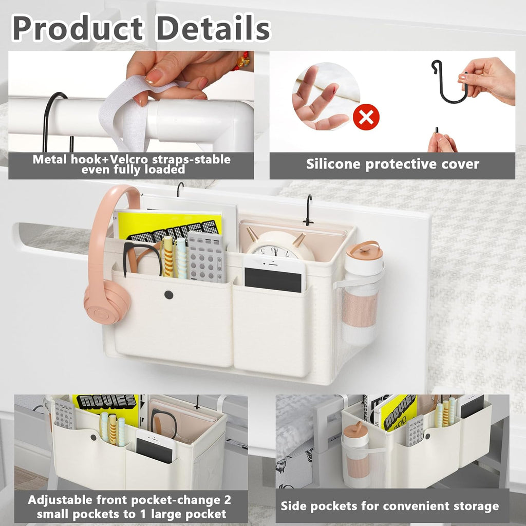 Bedside Caddy Bedside Organizer with Fixed Straps & Water Bottle Holder, Bunk Bed Caddy ideal for Home, Dorm, Hospital, Crib, Versatile Bedside Storage Solution (White 2pcs)