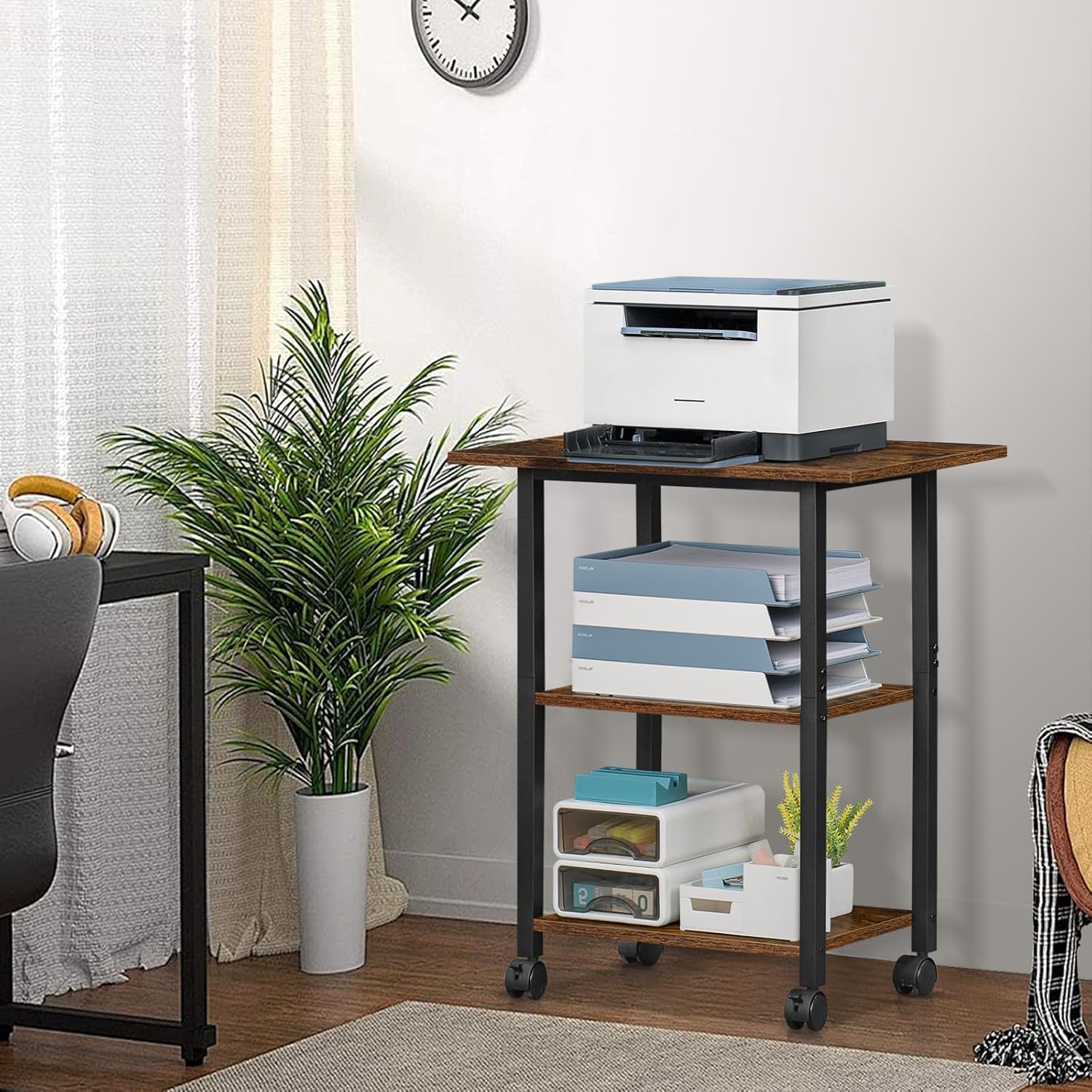 Lerliuo 3-Tier Printer Stand, Industrial Mobile Printer Table with Storage Shelf and Steel Frame, Rolling Printer Cart Holder with Lockable Wheels for Home, Office (Brown)