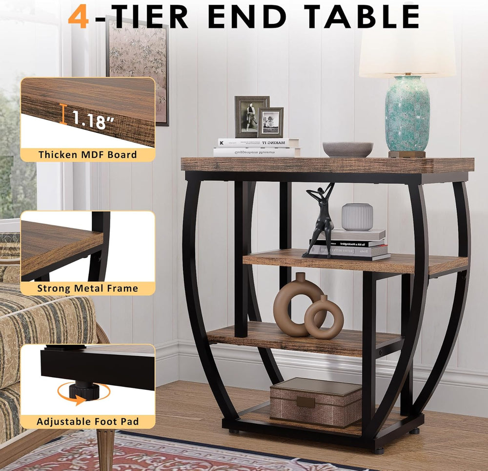 4-Tier End Table with Storage, Narrow Side Table for Living Room, Wood Sofa S...
