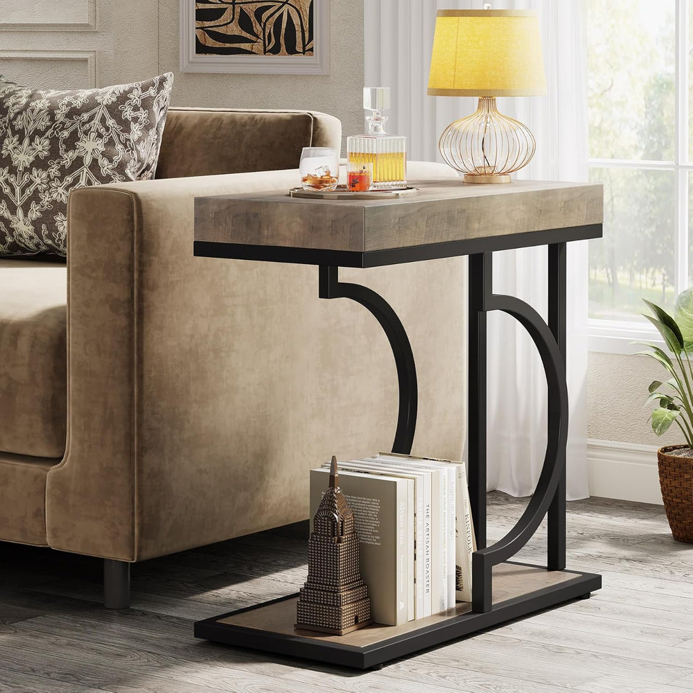 Tribesigns Narrow Side Table for Couch, C Shaped End Table with Metal Frame, ...