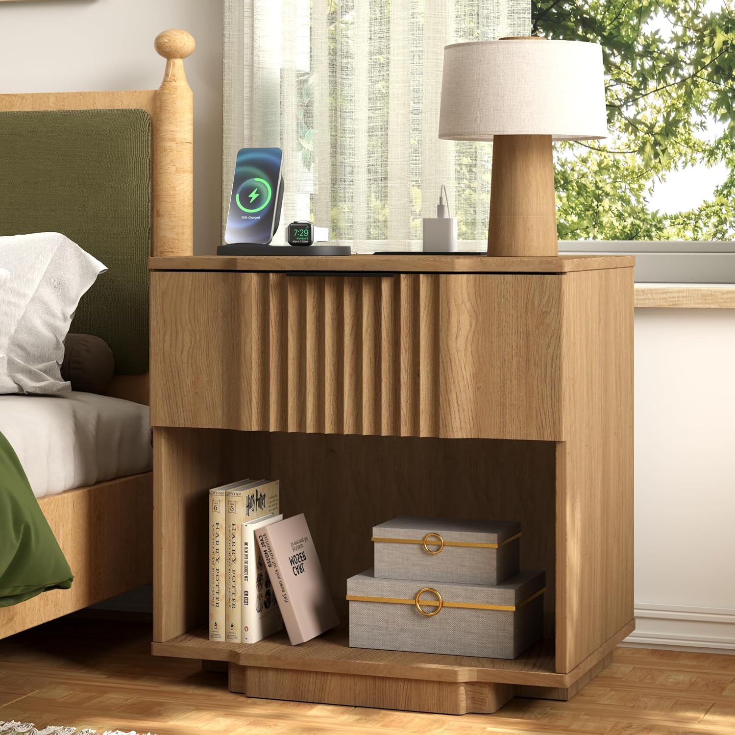 Yechen Fluted Nightstands Set of 2 with 20W Fast Charging Station - Large Wood Night Stands with Drawer & Shelf, Modern Wide Bedside End Tables for Bedroom with Curved Profile Base, Natural Oak