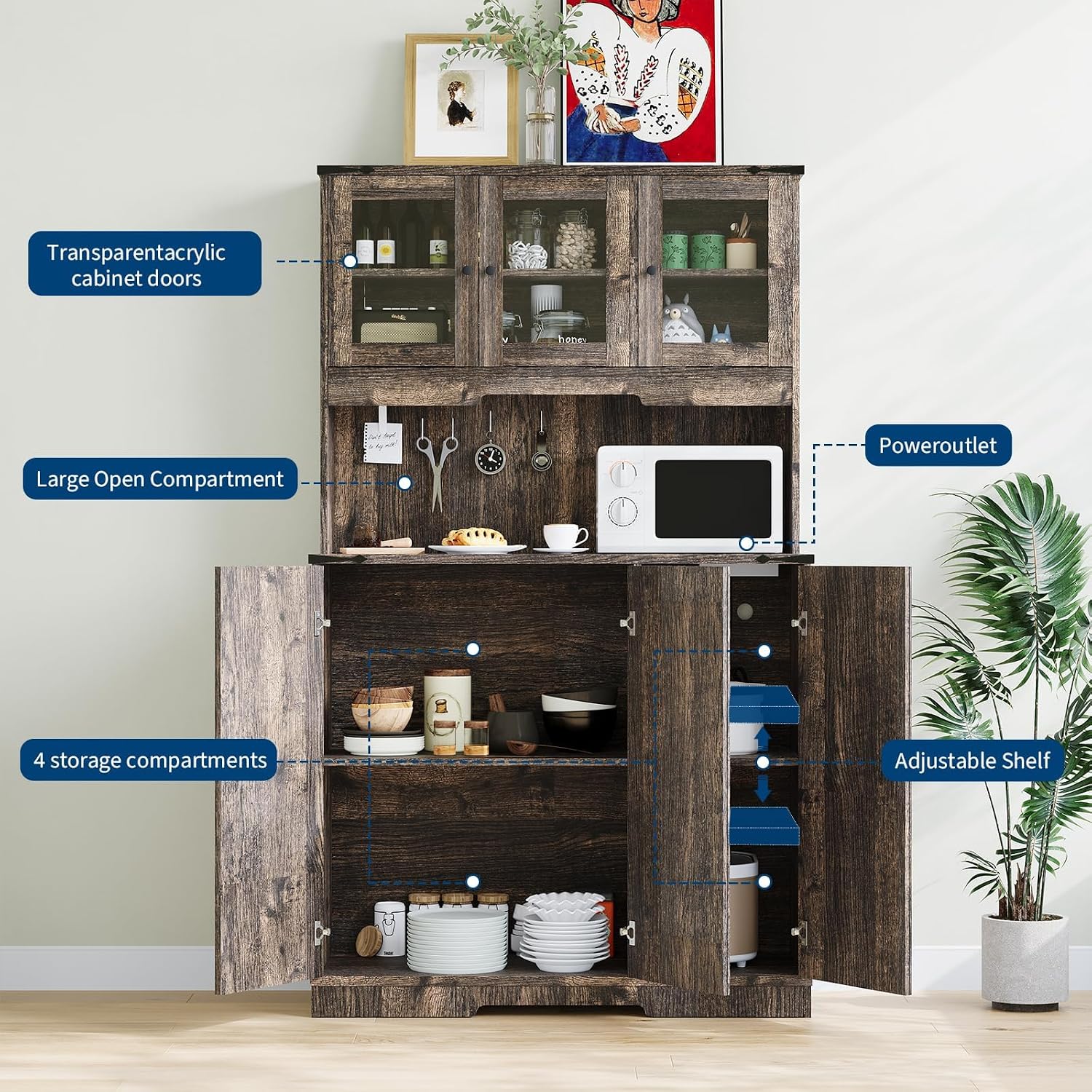 70'' Kitchen Pantry Cabinet with Power Outlet, Freestanding Kitchen Storage Cabinet with Acrylic Doors, Microwave Stand & Adjustable Shelf, Coffee Bar Cupboard for Dining Room, Living Room