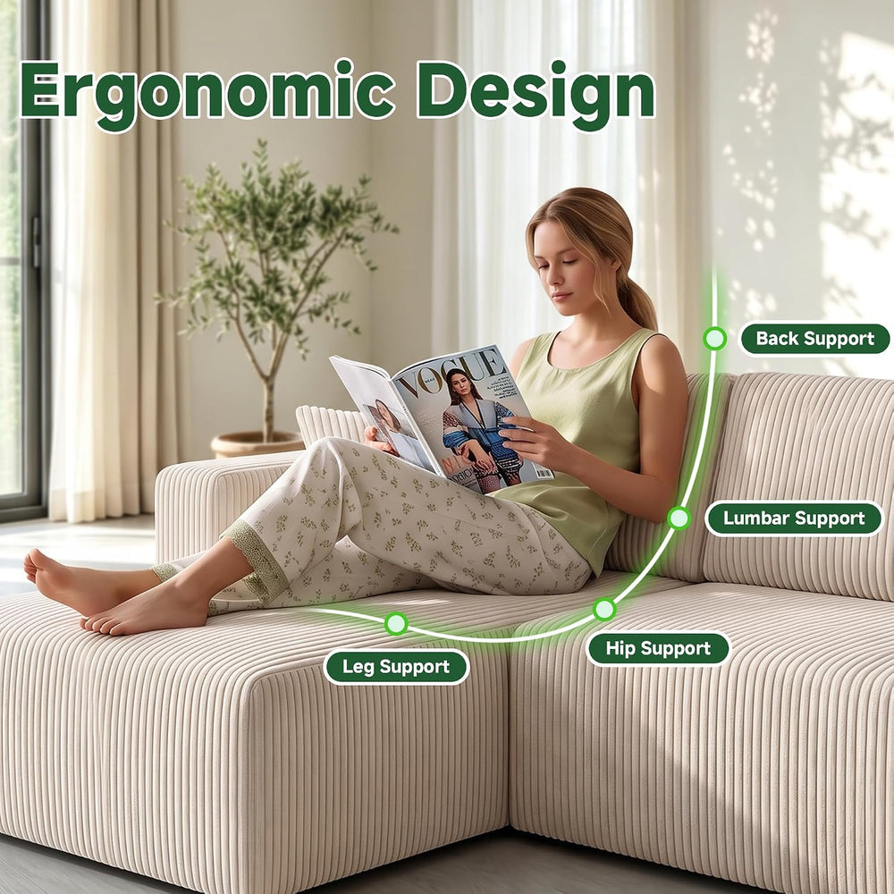 130" Couch U-Shaped Sectional Sofa, Beige | Corduroy Cloud Couch with Do...