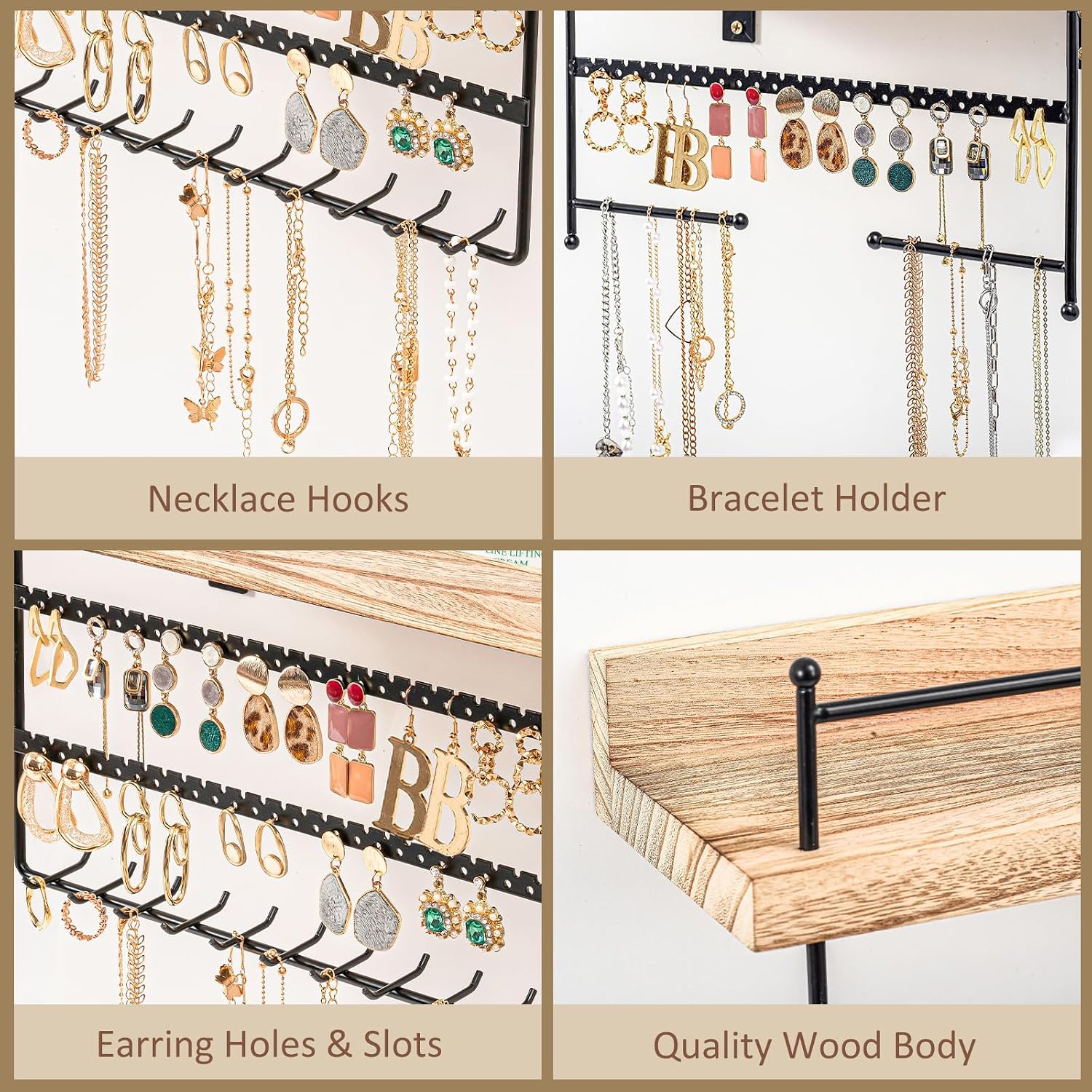 Lolalet Hanging Jewelry Organizer Wall Mount with Earrings, Bracelets, Necklaces Hooks - Easy Install Free Combination Jewelry Holder for Wall Bathroom - Set of 2, Black