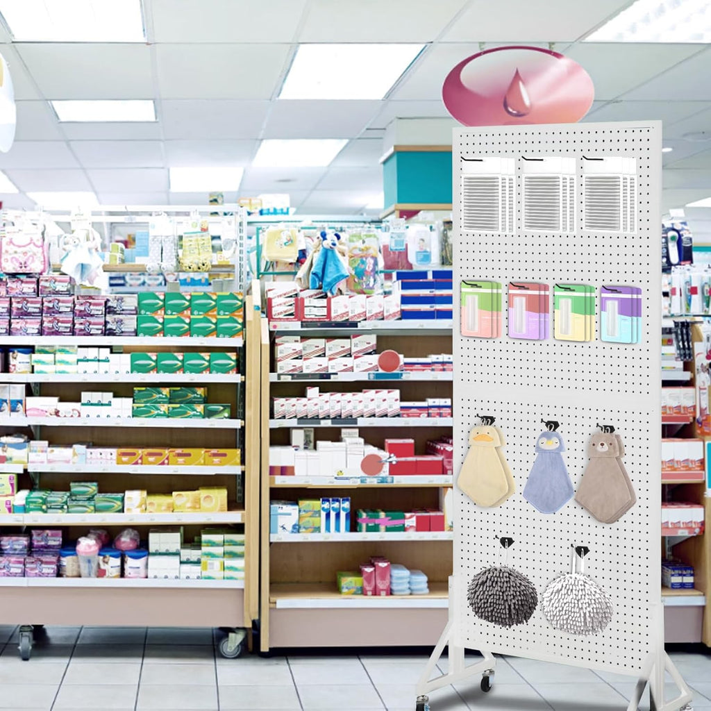 Eastern Tree 2.5'x 6' Metal Pegboard Display Stand with T-Base, Peg Board Panels Display with Casters, Standing Pegboard Display, Retail Display Stand, Extra 10 Pieces Hooks, White