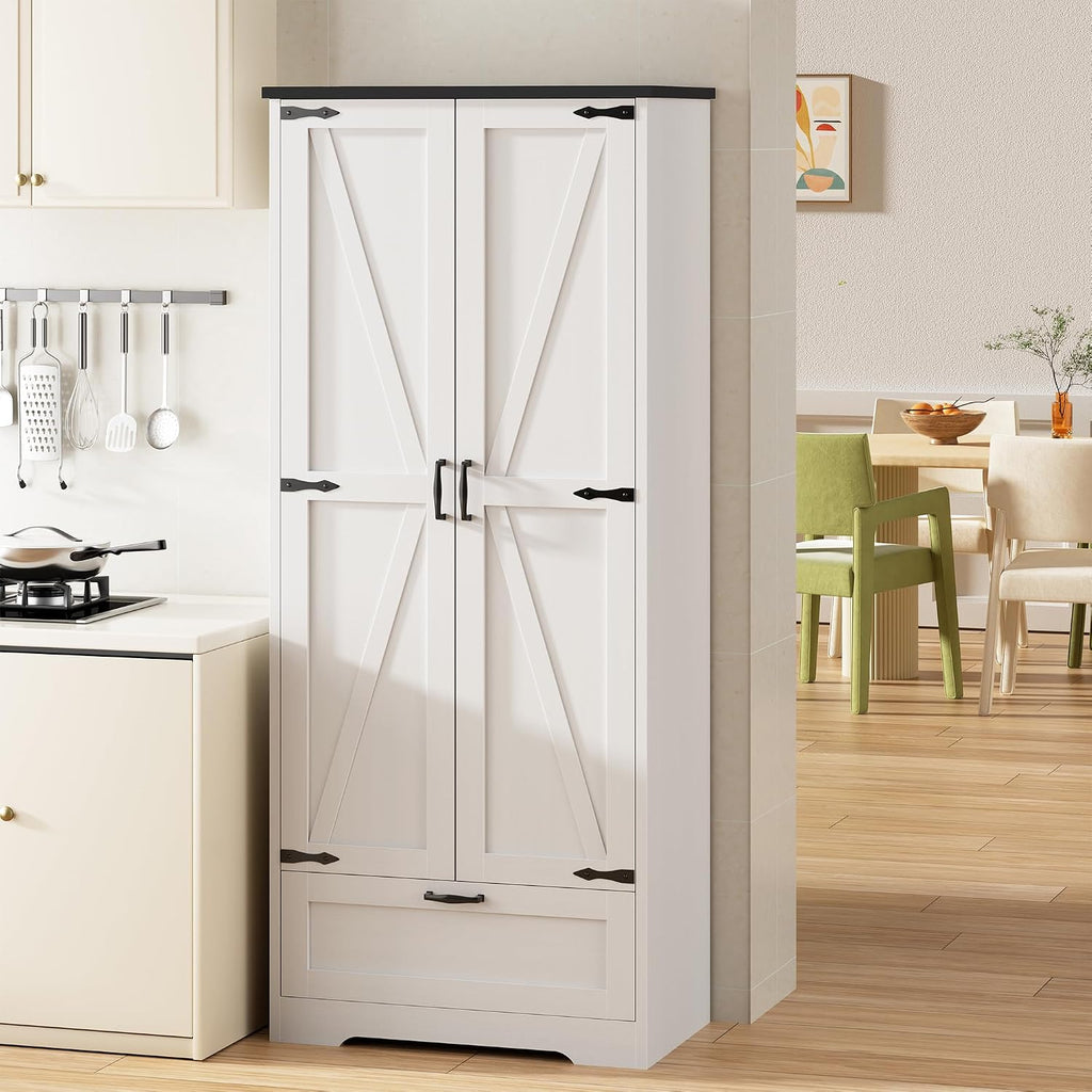 Shintenchi 65" Kitchen Pantry Cabinet, Farmhouse Tall Cupboard, White | Freestanding Cabinet, with 4 Shelves and 1 Drawer, for Kitchen, Living Room, Dining Room and Bathroom