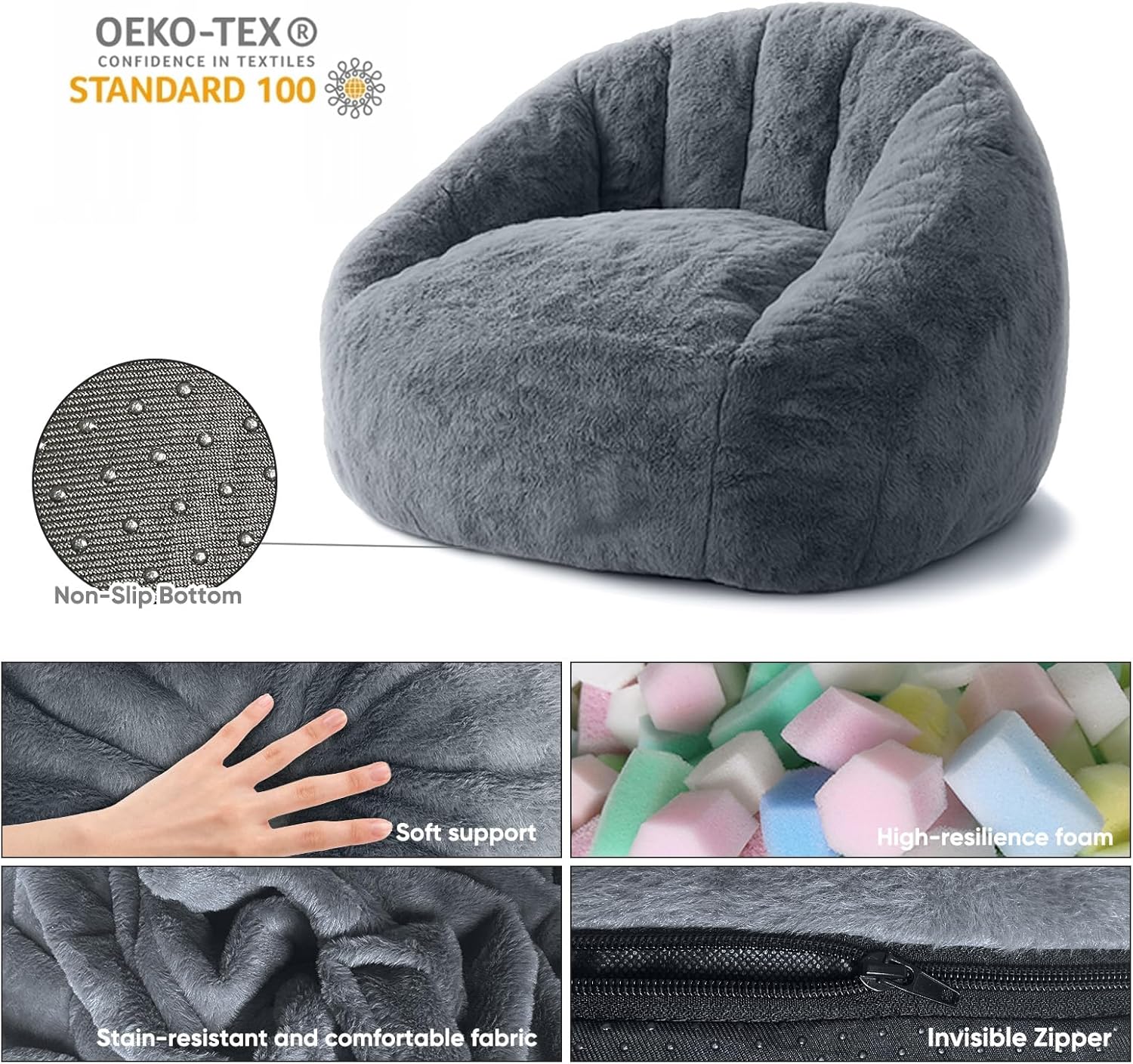 Bean Bag Chair, Shell-Shaped Bean Bag Couch for Adults, Giant Bean Sofa with High-Rebound Memory Foam, Chair with Faux Fur Removable Cover, Big Sofa for Reading, Gaming, Dark Gery
