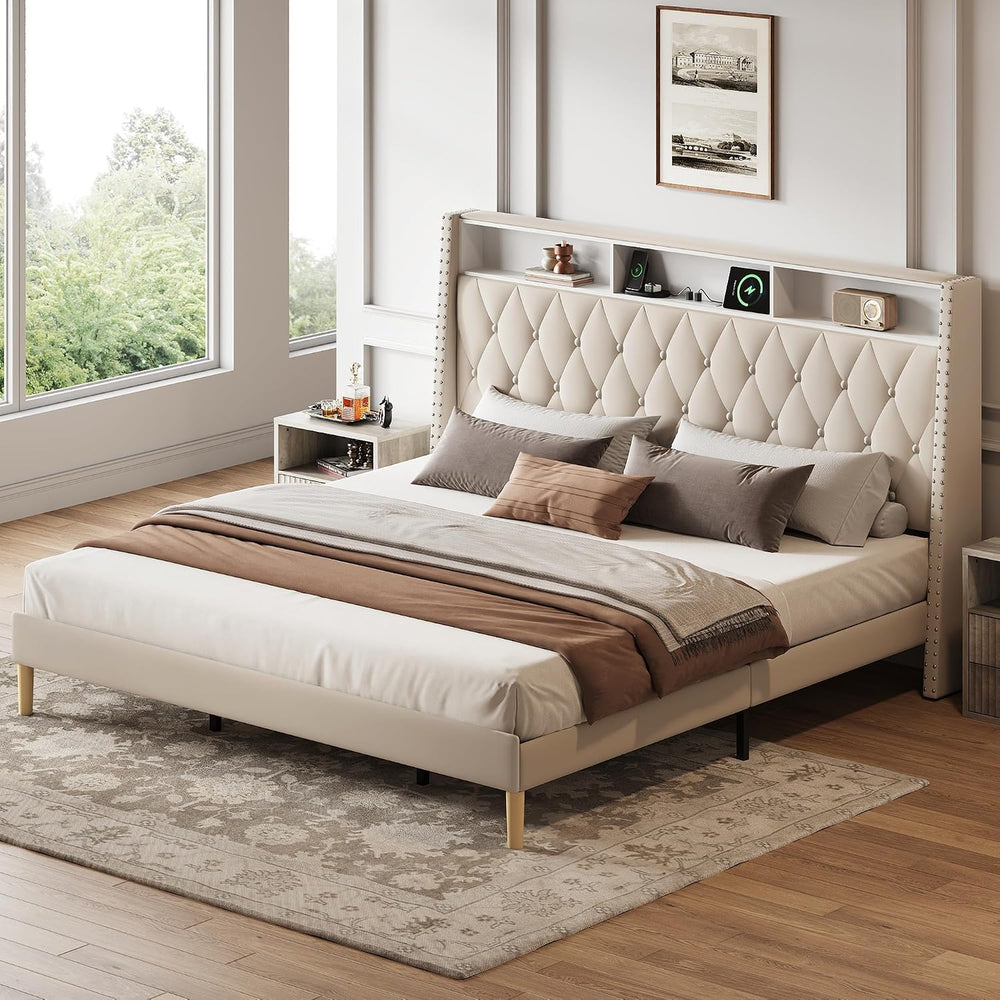 WLIVE King Size Upholstered Bed Frame with 48'' Tall Wingback Headboa...