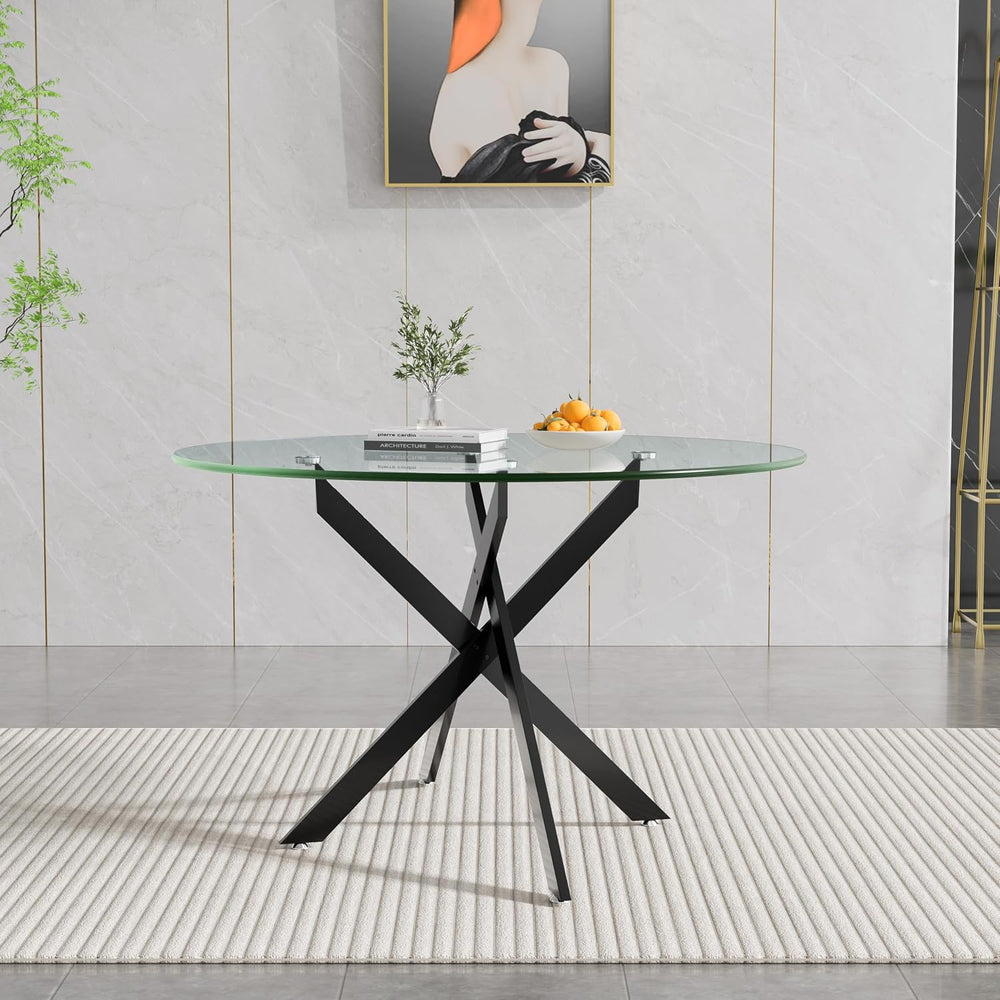 47" Round Glass Dining Table for 4-6, Circle Kitchen Table with Tempered...