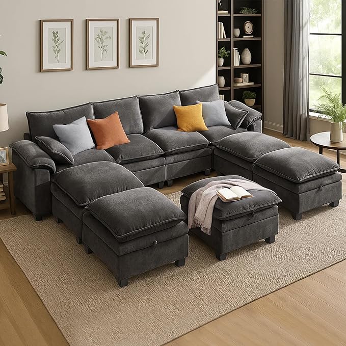 130" U Shaped Modular Sectional Sofa, Couch with Ottoman Storage, Chenille Cloud Couch with Plush Deep Seating for Living Room, Bedroom (Grey, 9 Seat)